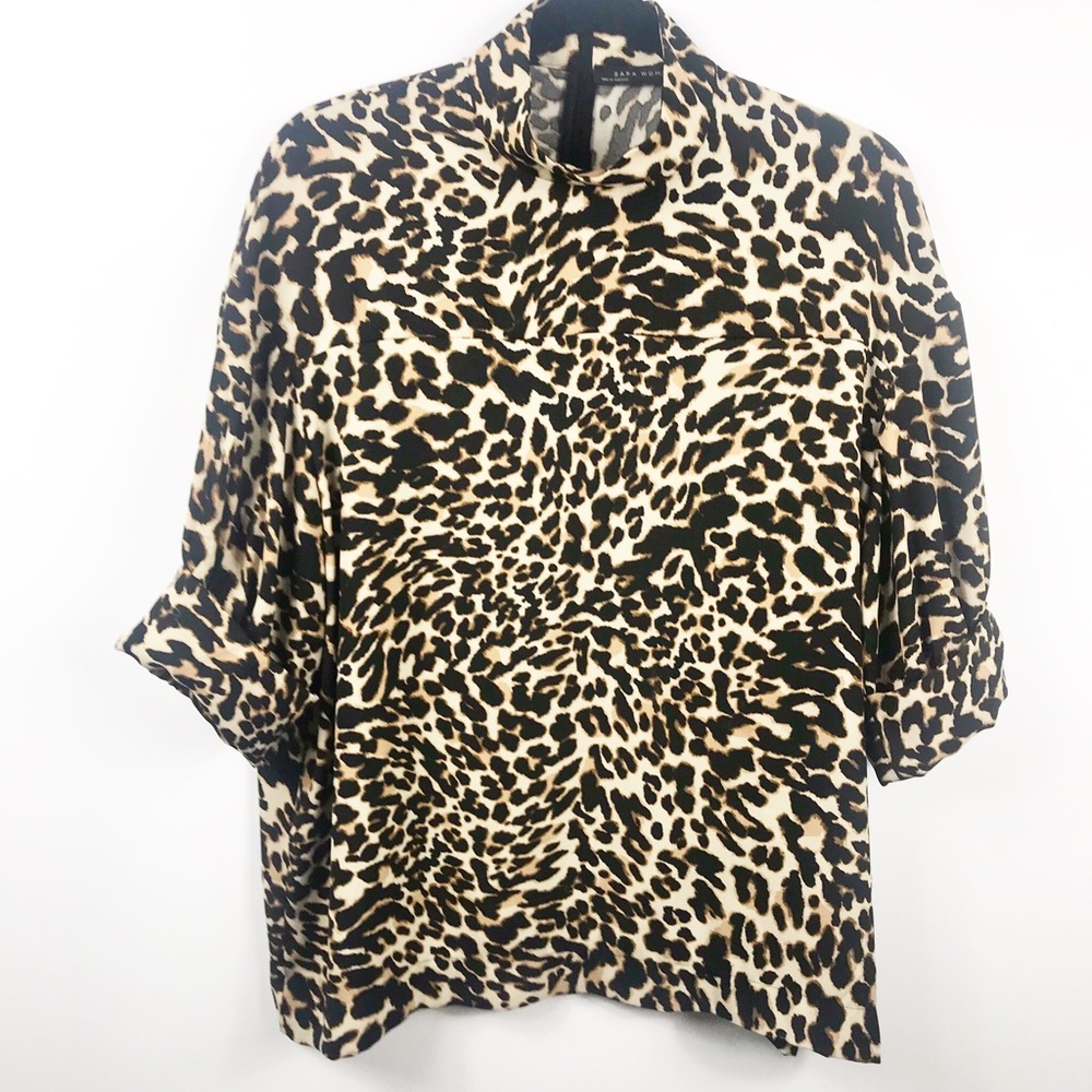 Zara Black Gold Leopard Print Top Blouse M